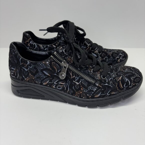 Rieker Metallic Low Wedge Lace Up Zip Shoes Womens 8.5 Floral Cushioned Loafers - Picture 1 of 11
